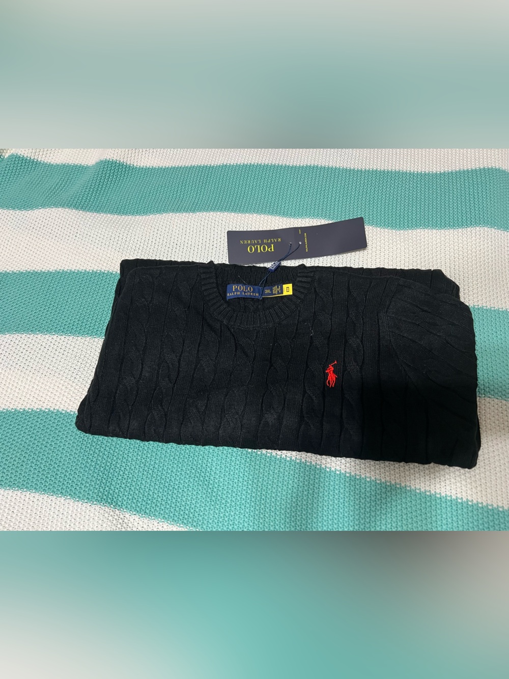 Ralph Lauren Black Cable-Knit Crew Undershirt with Red Pony